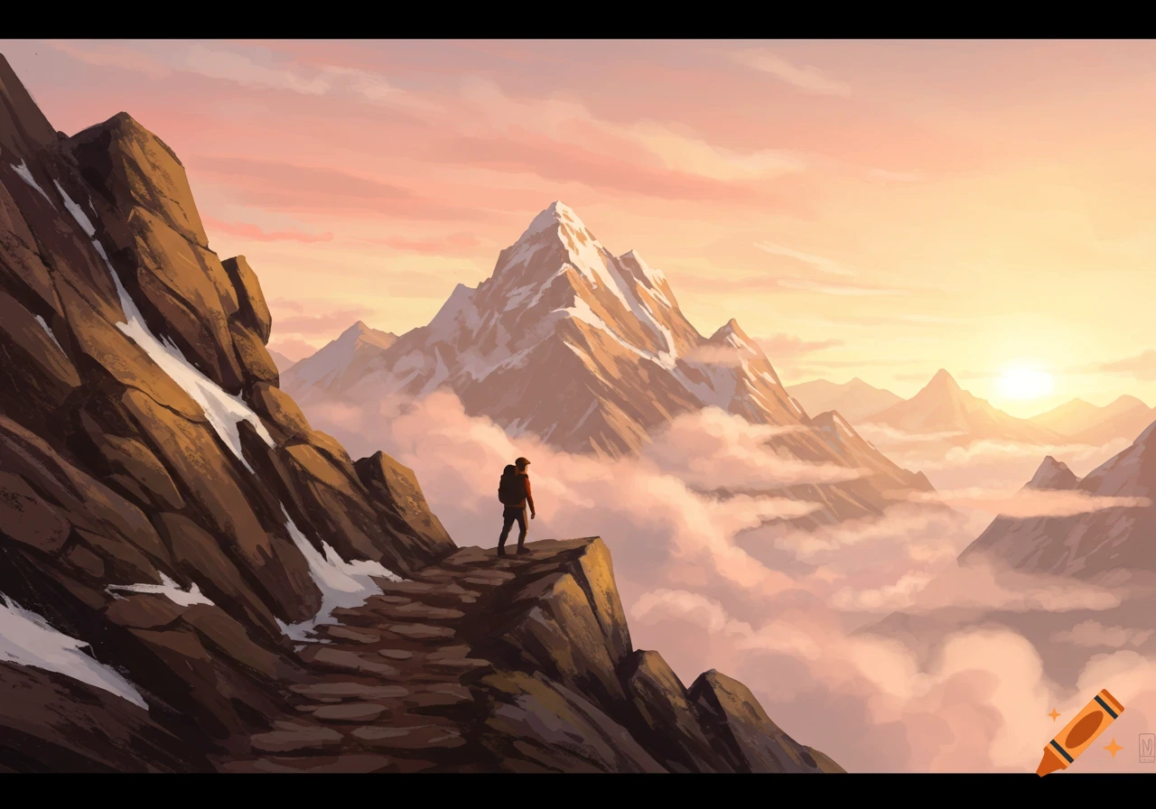 A lone hiker stands on a mountain path, gazing at a vast, cloud-filled valley and snow-capped peaks at sunset in a digital painting style.