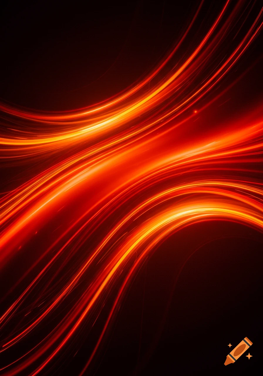 Abstract glowing red and orange light trails on a dark background, evoking speed and motion.