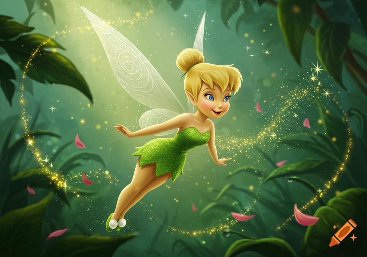 Cartoon Tinker Bell, a blonde fairy in a green dress, flies through a shimmering green fantasy forest with sparkling pixie dust.