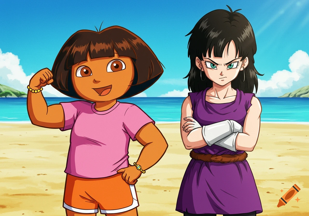Dora the Explorer flexes her arm while standing next to an unimpressed Videl from Dragon Ball Z on a sunny beach.