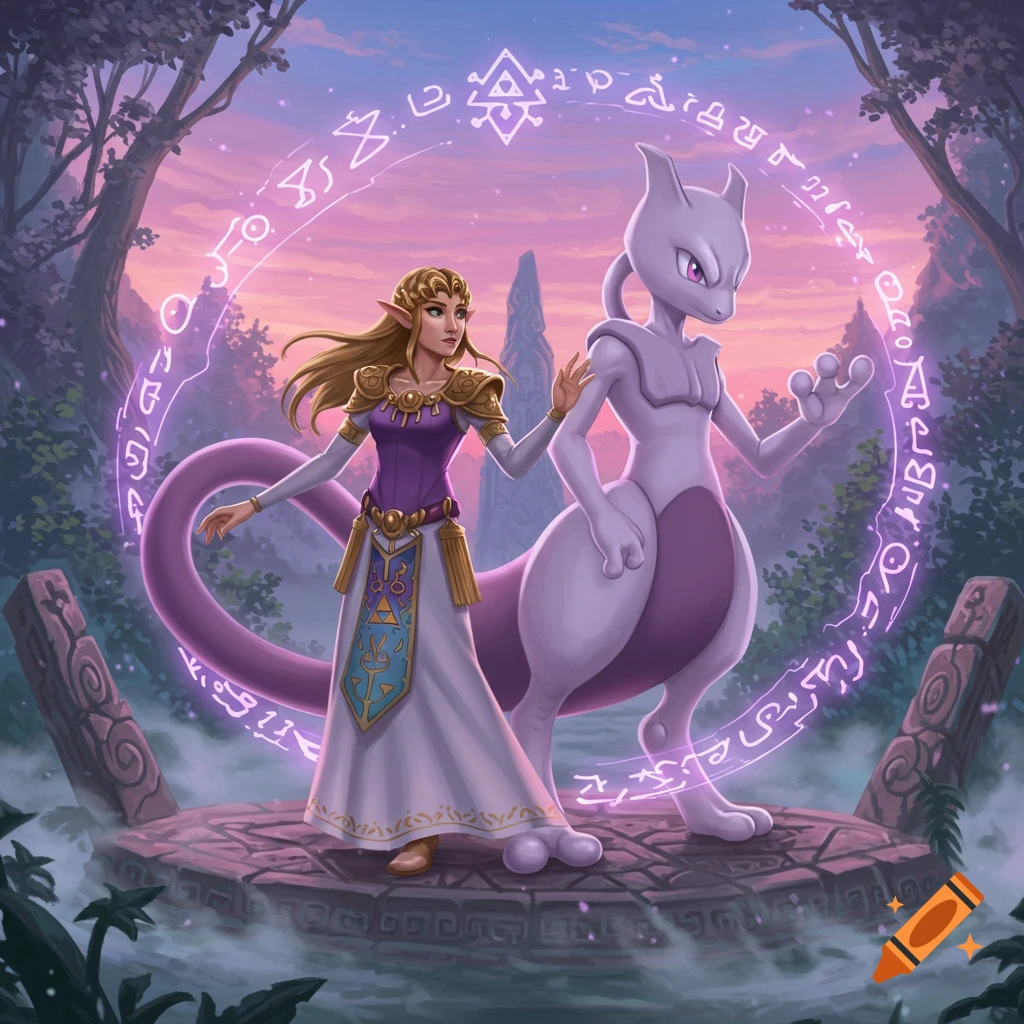 Princess Zelda and Mewtwo stand on an ancient stone platform, surrounded by glowing magic symbols under a twilight sky.