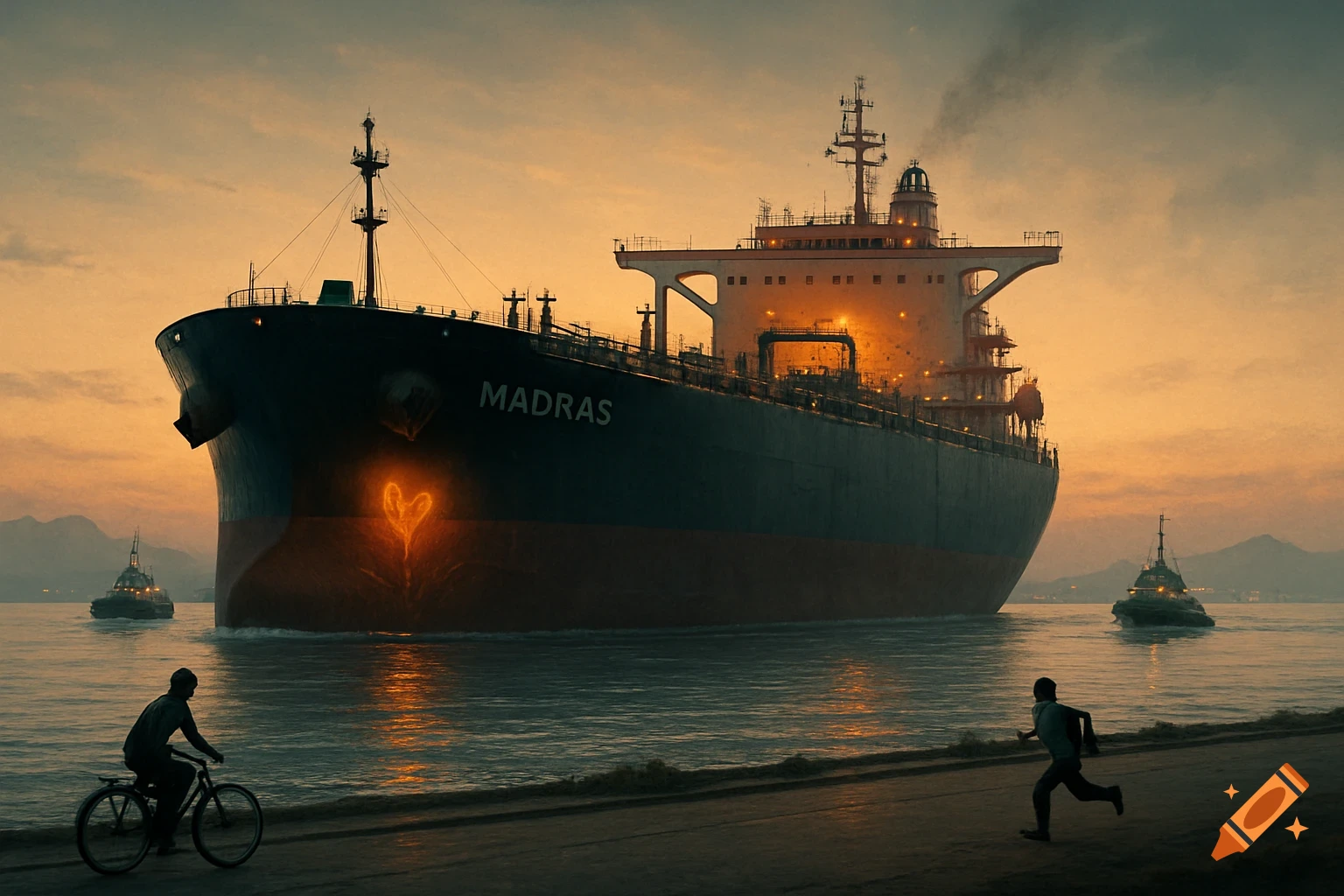 A large tanker ship named Madras, with a glowing heart, escorted by tugboats at sunrise. A cyclist and runner are on the nearby shore.