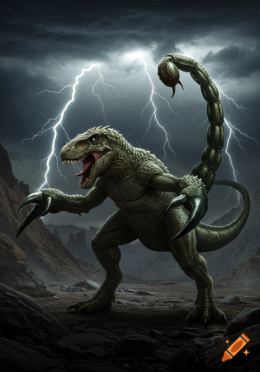 A fierce dinosaur-scorpion hybrid creature with pincers and a stinger tail stands in a rocky, stormy landscape with lightning.