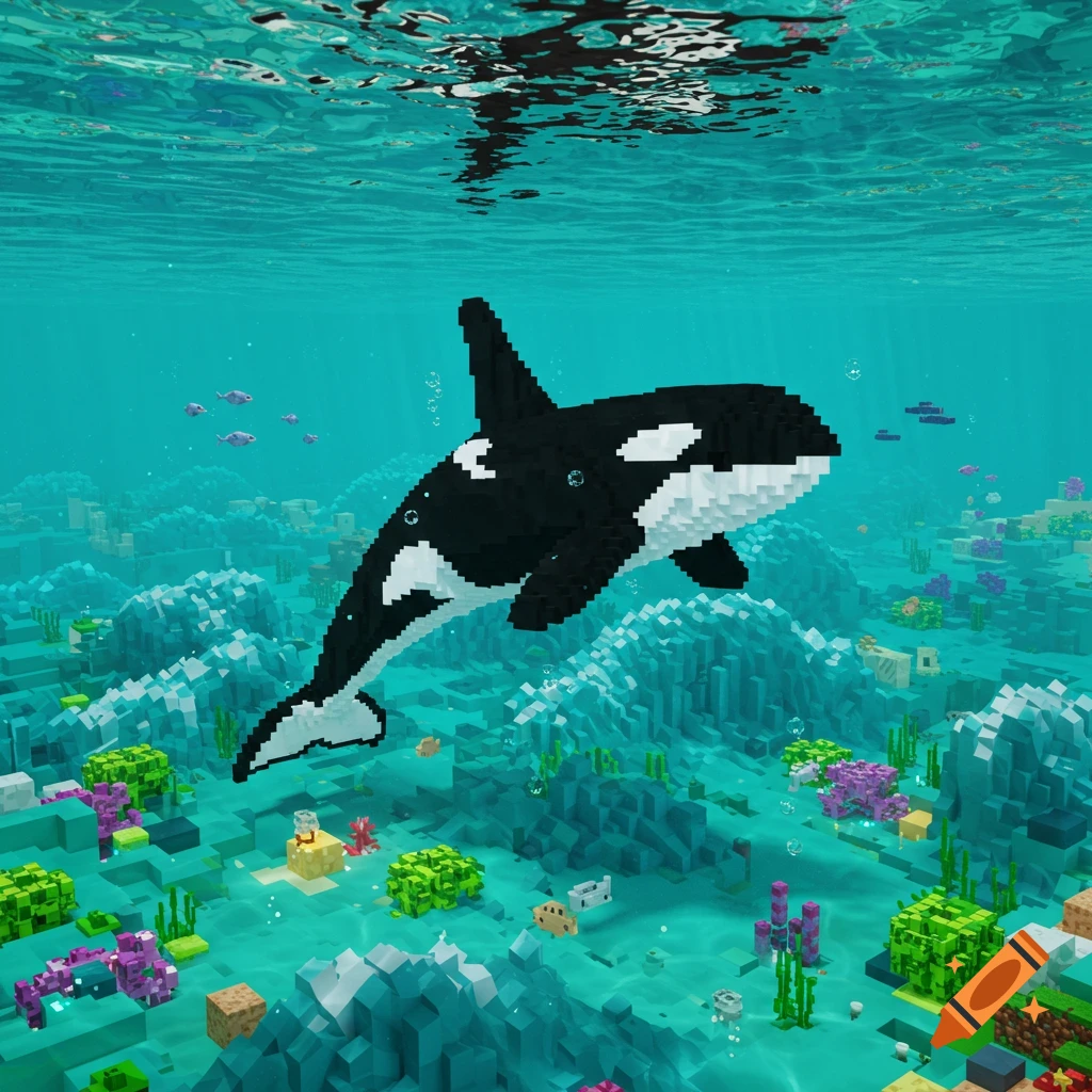 A pixelated orca swims underwater in a vibrant Minecraft-style ocean scene with blocky coral and marine life.