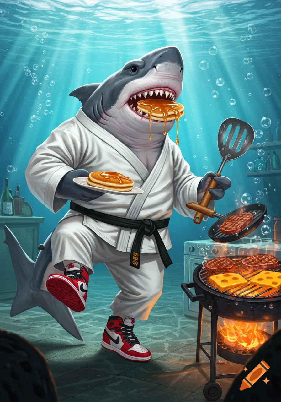 A cartoon shark in a white karate uniform and red Air Jordans eats a pancake while grilling burgers and cheese underwater.