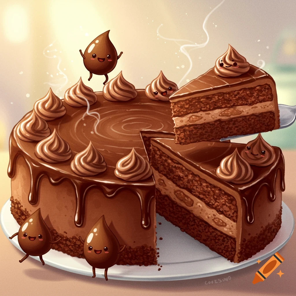 A cute cartoon chocolate cake with a slice being lifted, featuring happy animated chocolate characters and frosting swirls.