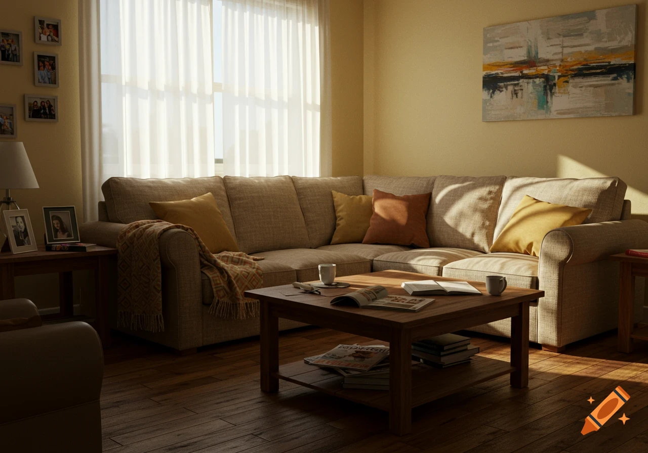 A photorealistic cozy living room with a beige sectional sofa, coffee table, and bright sunlight streaming through a sheer-curtained window.