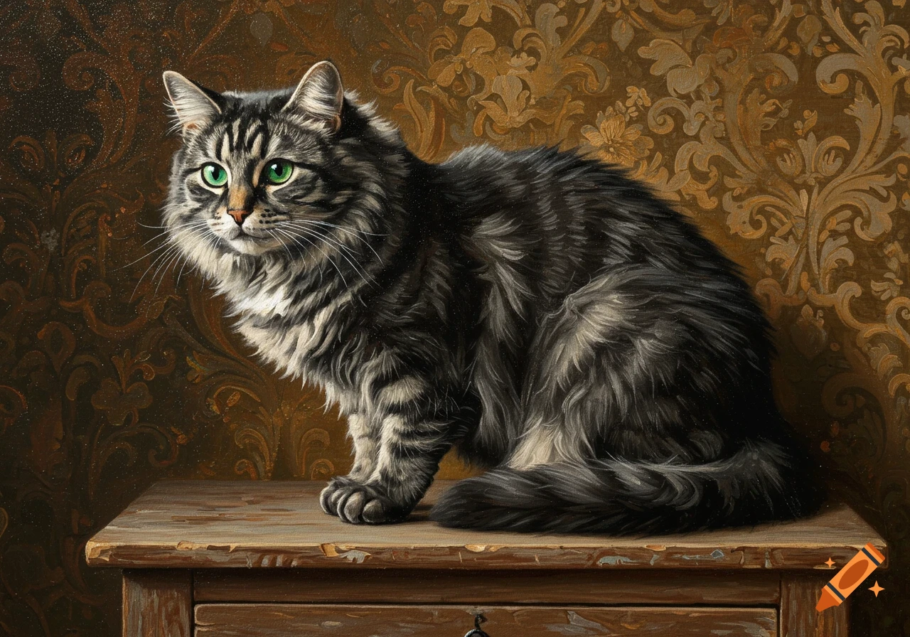 Oil painting of a long-haired tabby cat with bright green eyes sitting on a wooden table against a patterned wall.
