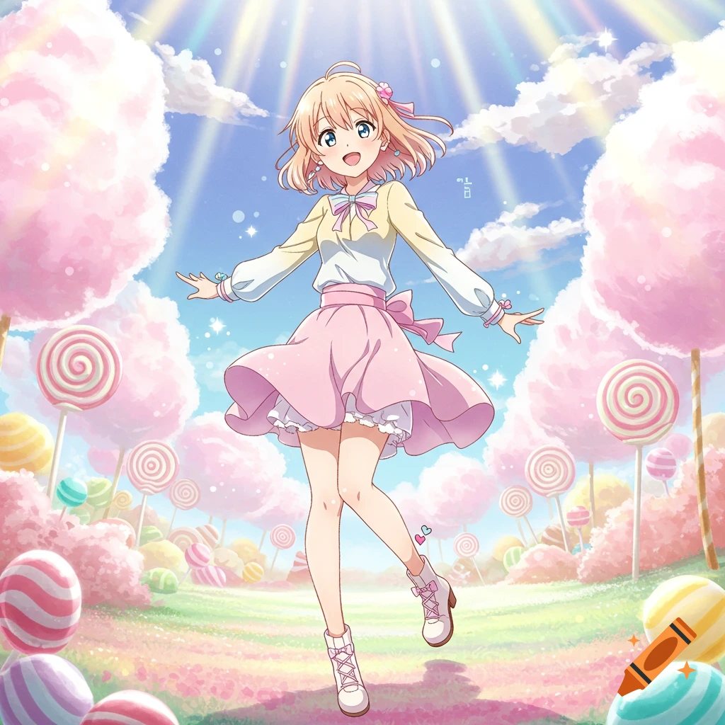 Anime girl with pink hair and a pink skirt, smiling with arms outstretched in a pastel candy land with giant lollipops and cotton candy clouds.