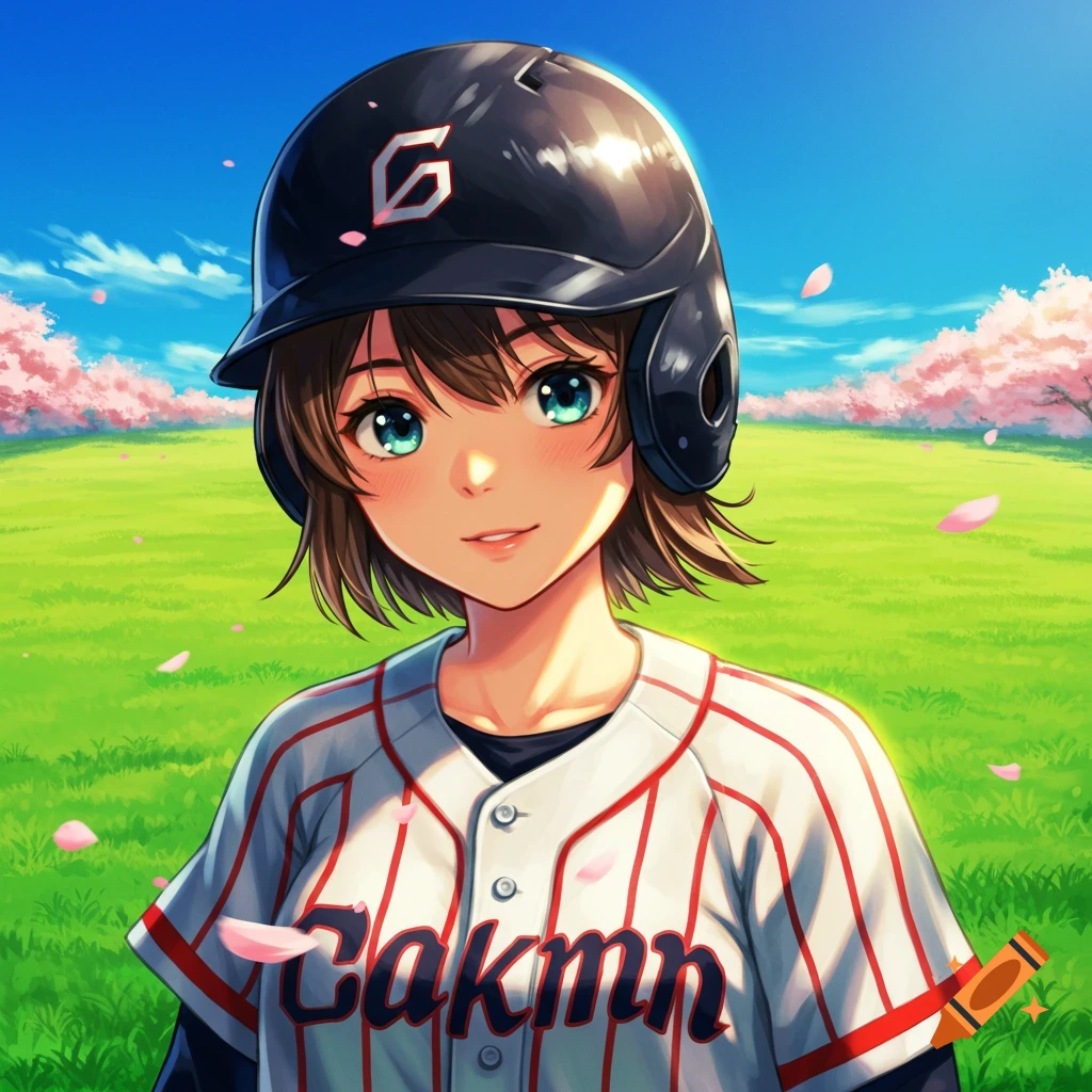 Anime girl wearing a baseball uniform and helmet, smiling in a sunny green field with pink cherry blossoms.