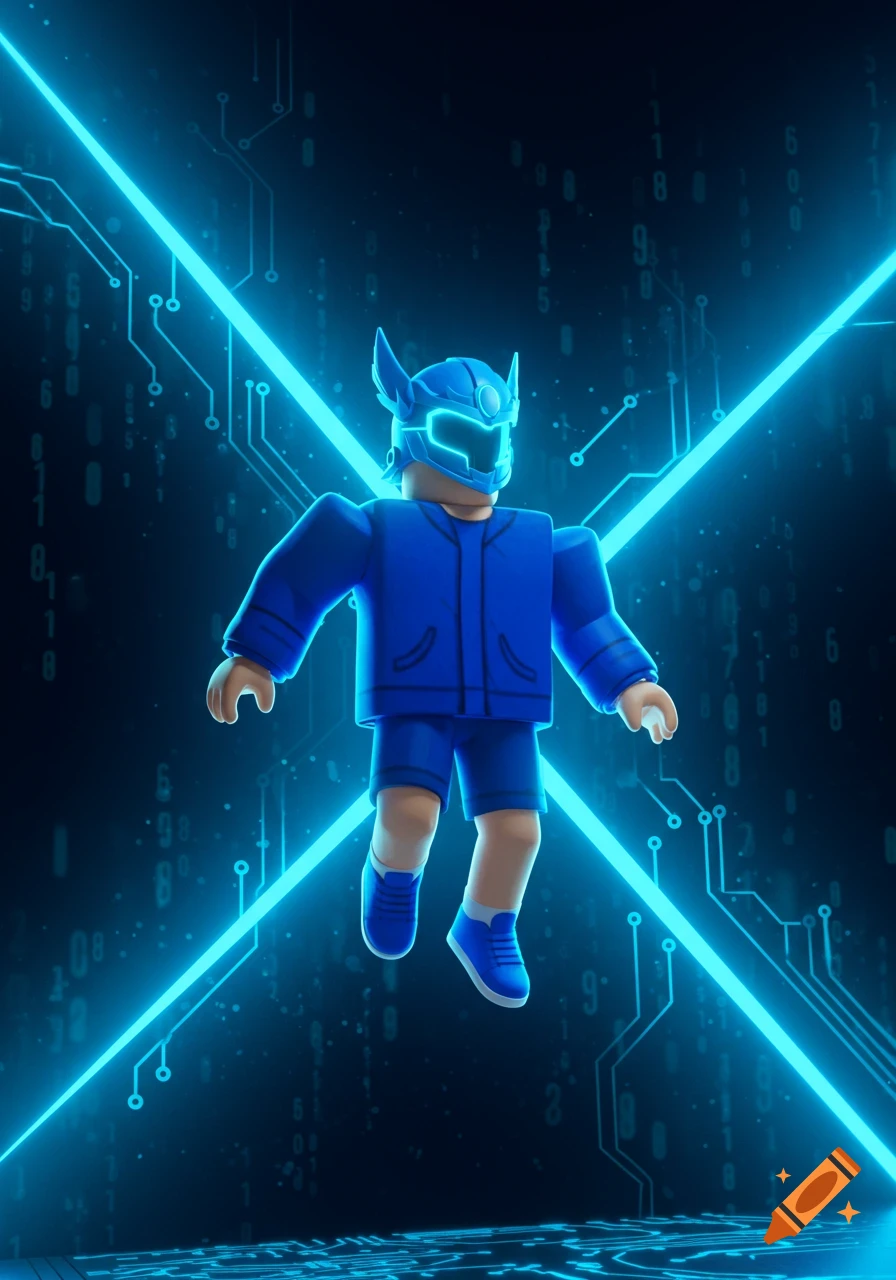 A blue Roblox-style character in a blue helmet, jacket, shorts, and shoes floats amidst glowing blue circuit lines and binary code on a dark background.