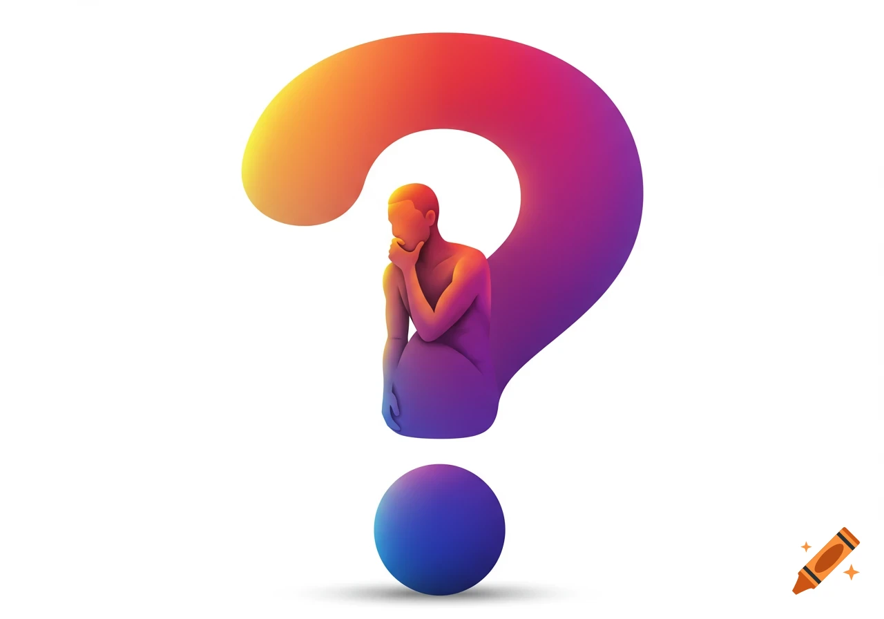 Stylized African man, in vibrant rainbow colors, forms a question mark on a white background, minimal digital illustration.