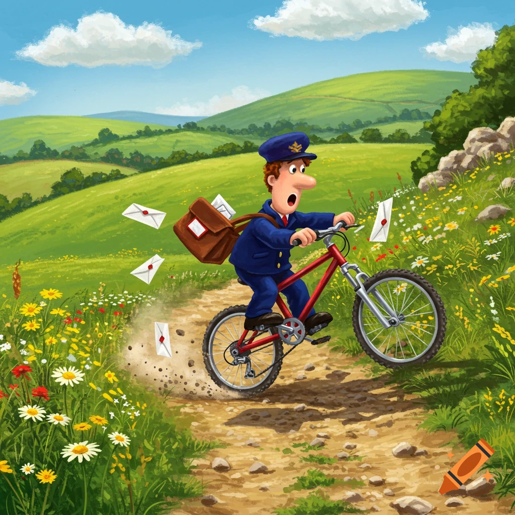 Cartoon Postman Pat crashes his red mountain bike on a dirt path in a green, flowery countryside, letters flying from his bag.