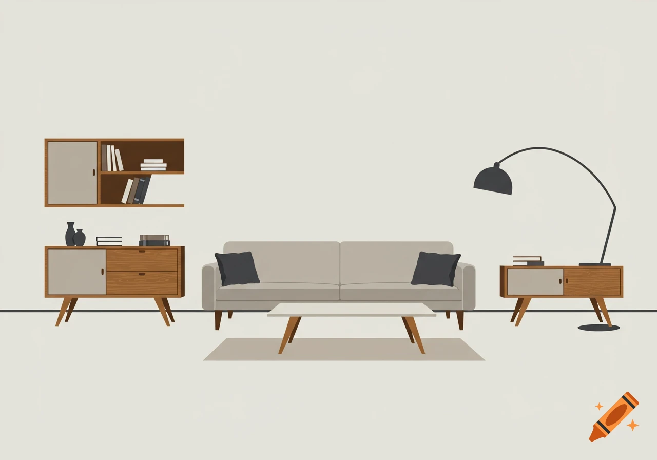 A minimalist flat illustration of a living room with a gray sofa, coffee table, and mid-century modern furniture.
