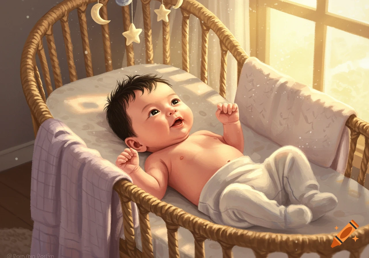An adorable baby with dark hair lies in a wicker crib, looking up at hanging moon and star mobiles. Sunlight streams through a window.