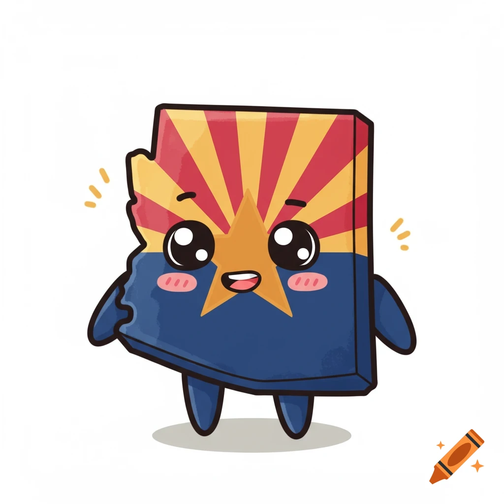 Cartoon illustration of an adorable anthropomorphic Arizona state shape with big eyes and a cute smile.