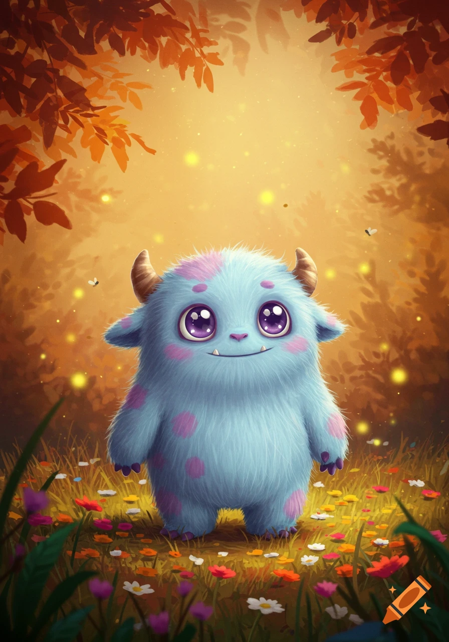 A cute, blue, fluffy monster with purple spots and large purple eyes smiles in a colorful field of wildflowers under a golden, glowing forest canopy.