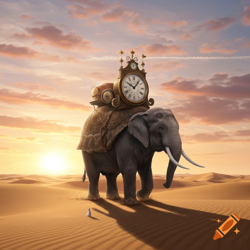 A surreal photorealistic image of an elephant carrying a large clock on its back, walking through a vast desert at sunset.