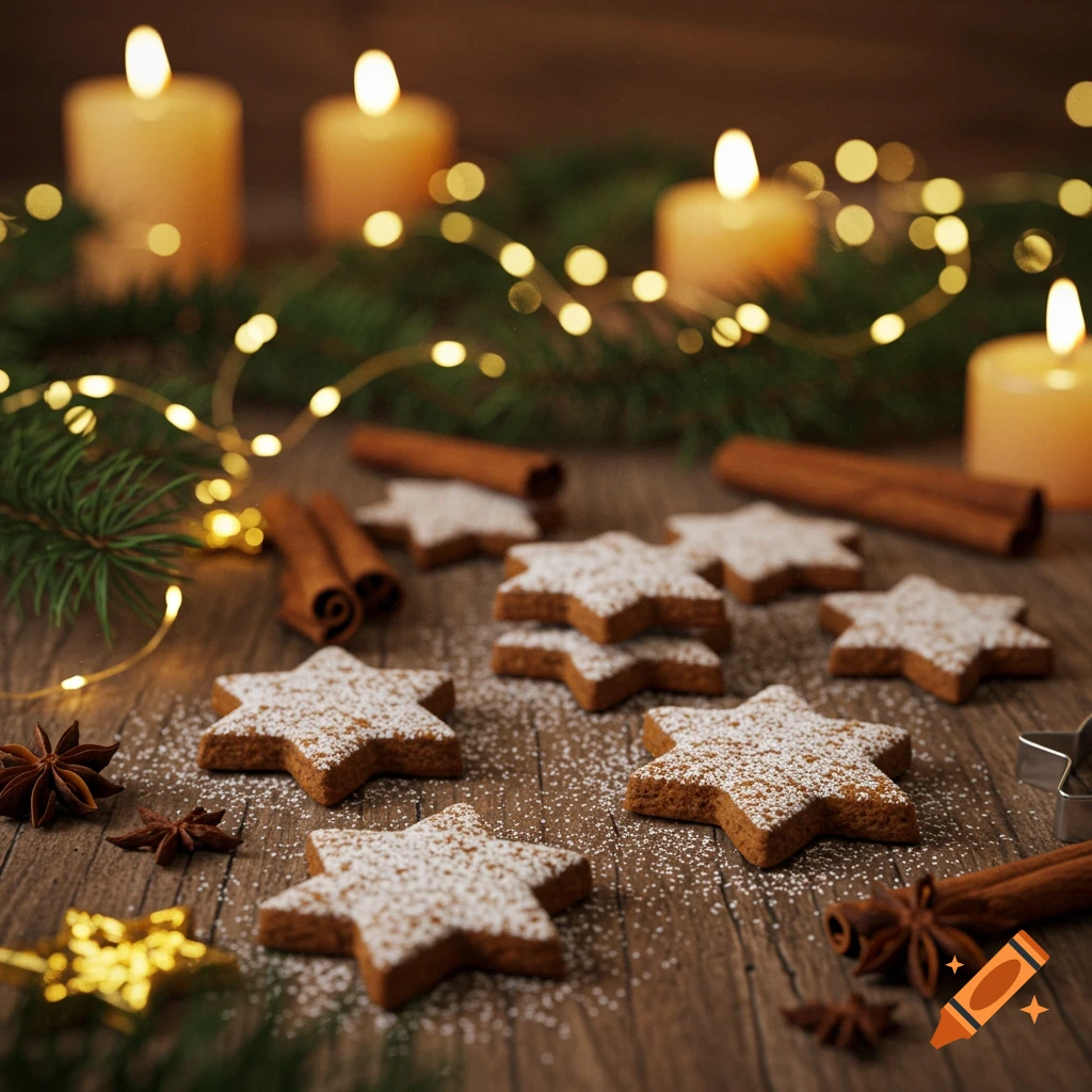 Star-shaped gingerbread cookies with powdered sugar, cinnamon, pine, and lit candles on a wooden table, warm festive mood.