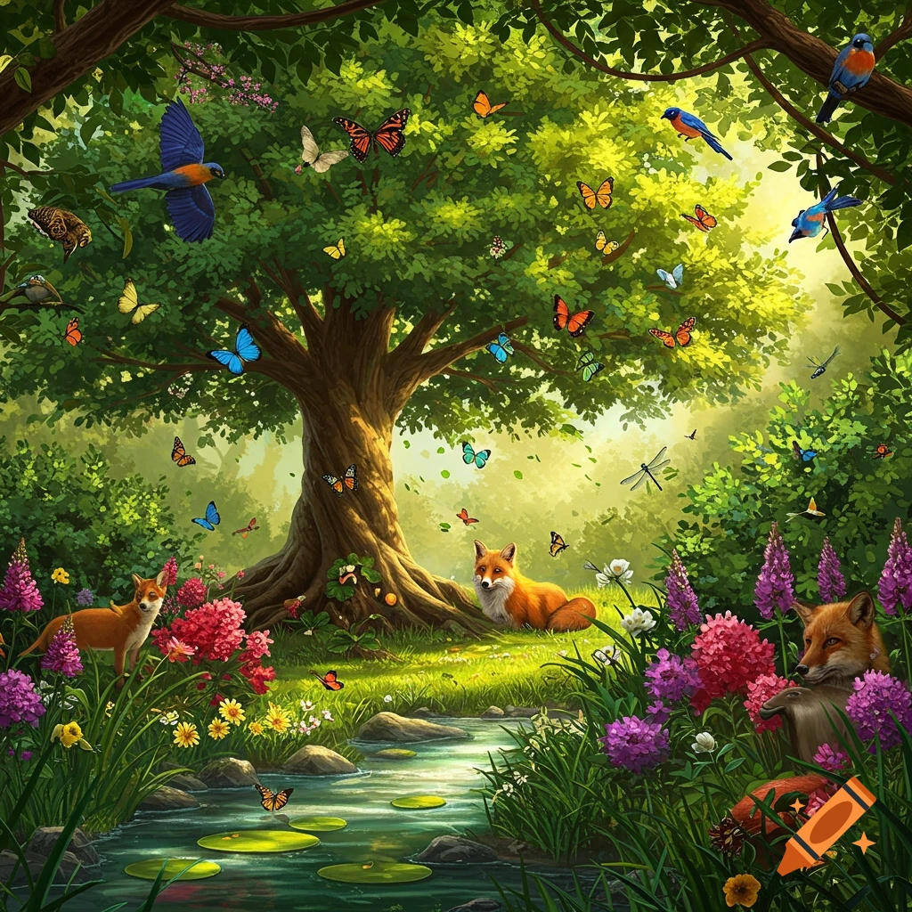 Vibrant illustration of a magical forest with two foxes, birds, and many butterflies around a large tree and stream.