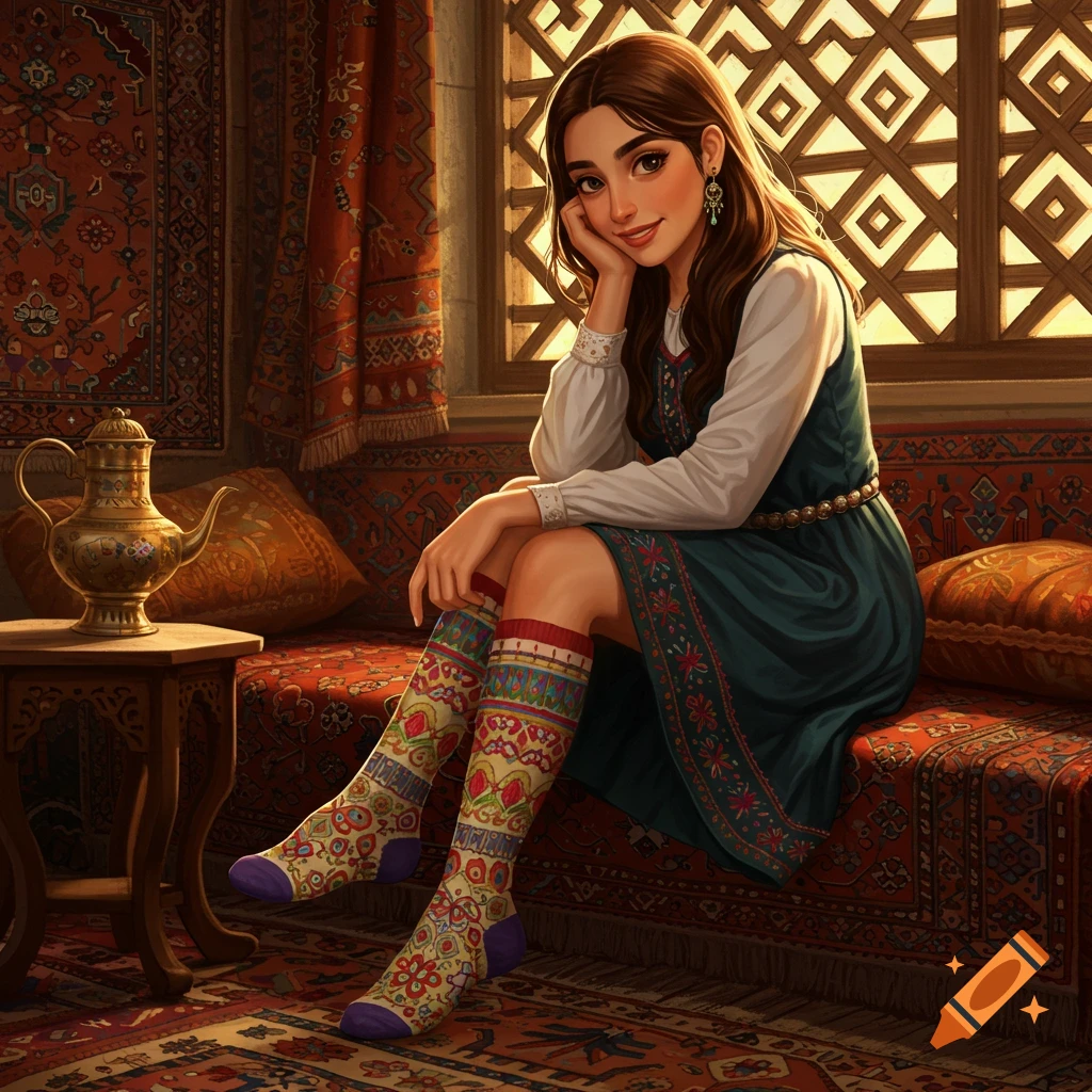 Smiling young woman in a teal dress and colorful patterned socks sitting on an ornate sofa in a room with Persian rugs, digital art.