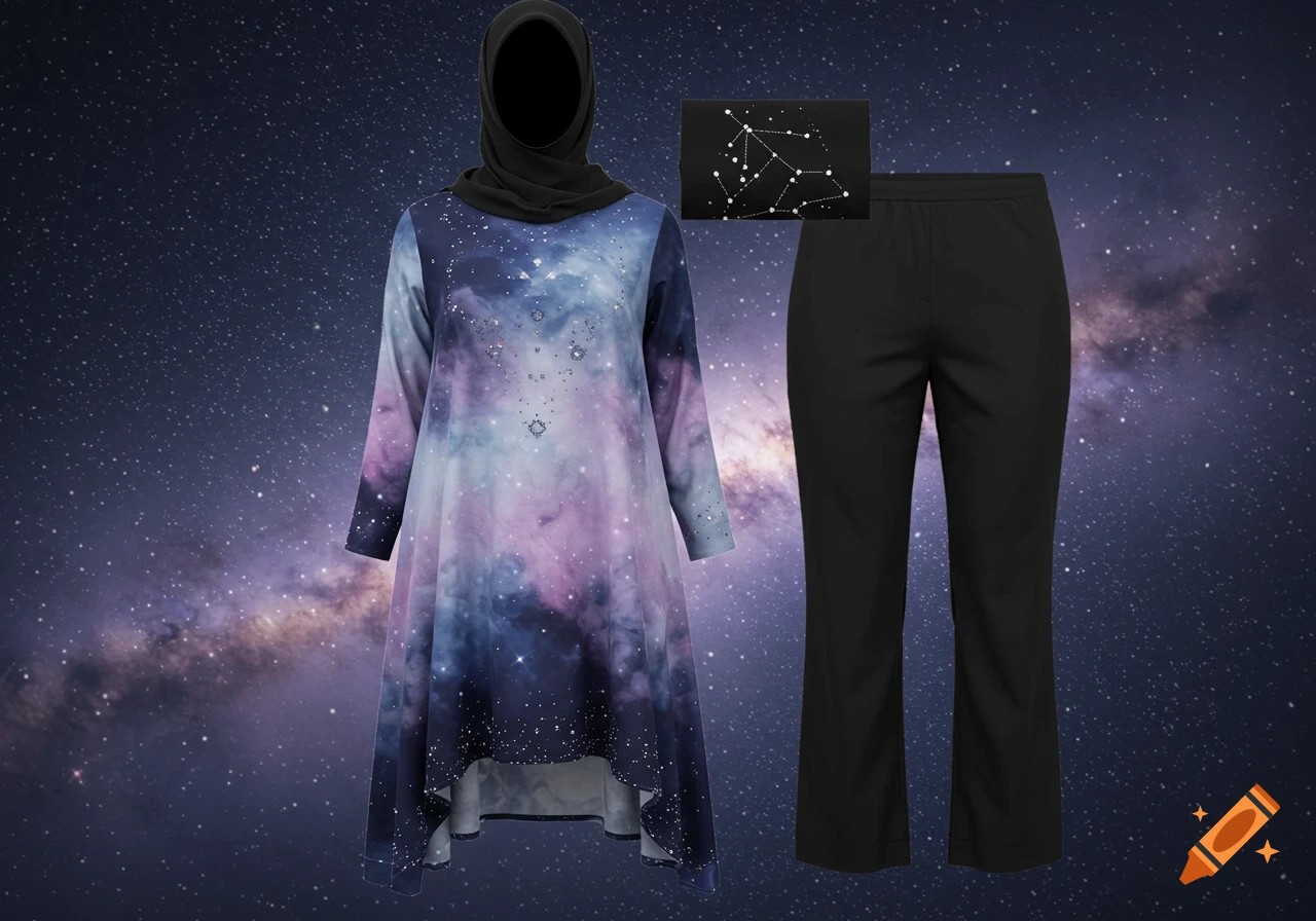 A galaxy-print tunic with a black hijab and black pants, displayed against a starry night sky background with a constellation map.