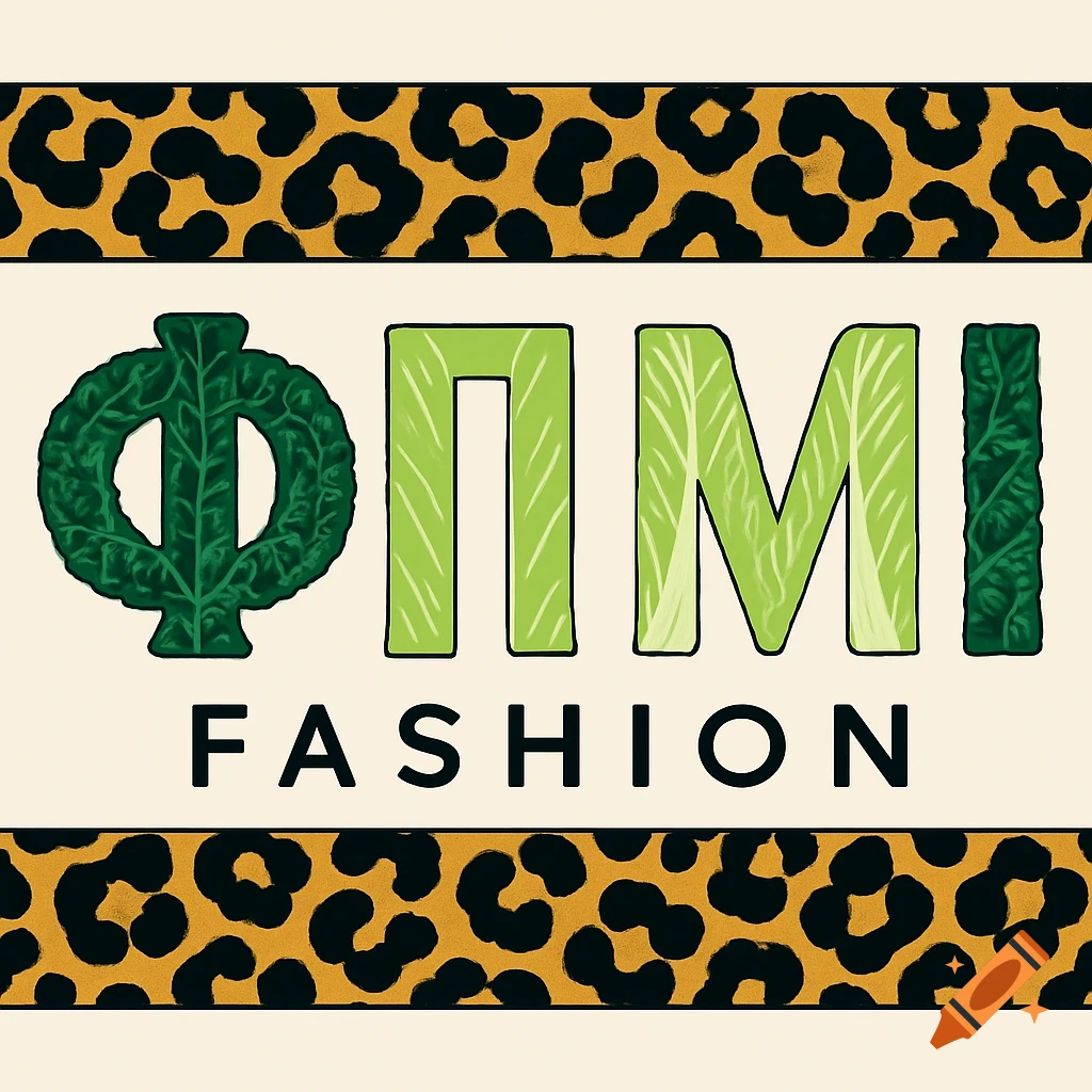 Avant-garde fashion logo with letters yellow  ΦΠΜИ made of green cabbage, framed by leopard print bands on a cream background.