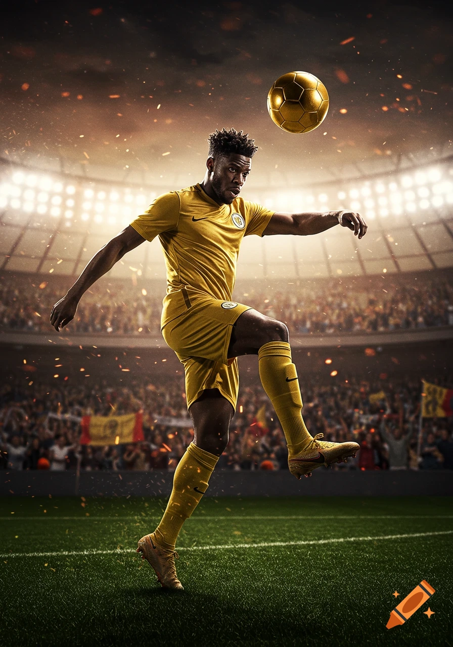 An athletic Black soccer player in a yellow uniform controls a golden ball mid-air in a brightly lit stadium full of cheering fans. Photorealistic.