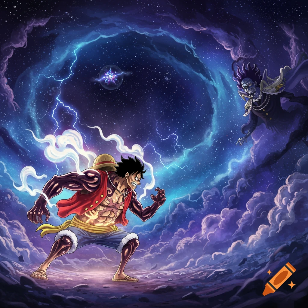 Anime illustration of Luffy in Gear 5 battling Imu Sama amidst swirling cosmic clouds and lightning.