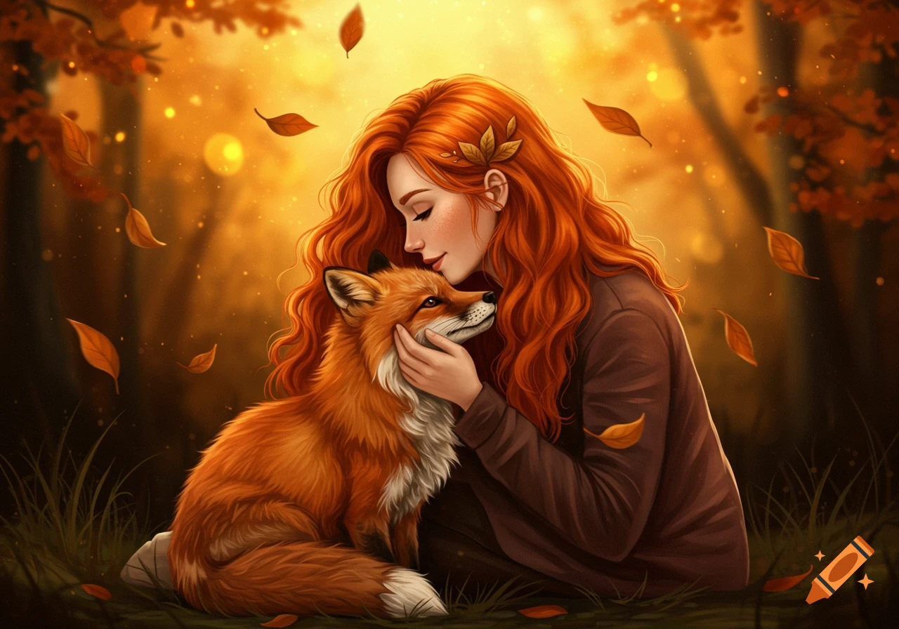 Red-haired woman gently pets a fox in a glowing autumn forest with falling leaves, illustrated.