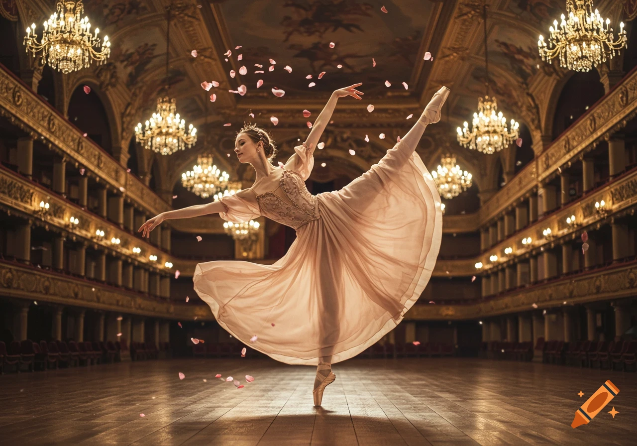 Photorealistic image of an elegant ballerina dancing en pointe in a grand ornate hall with falling rose petals.