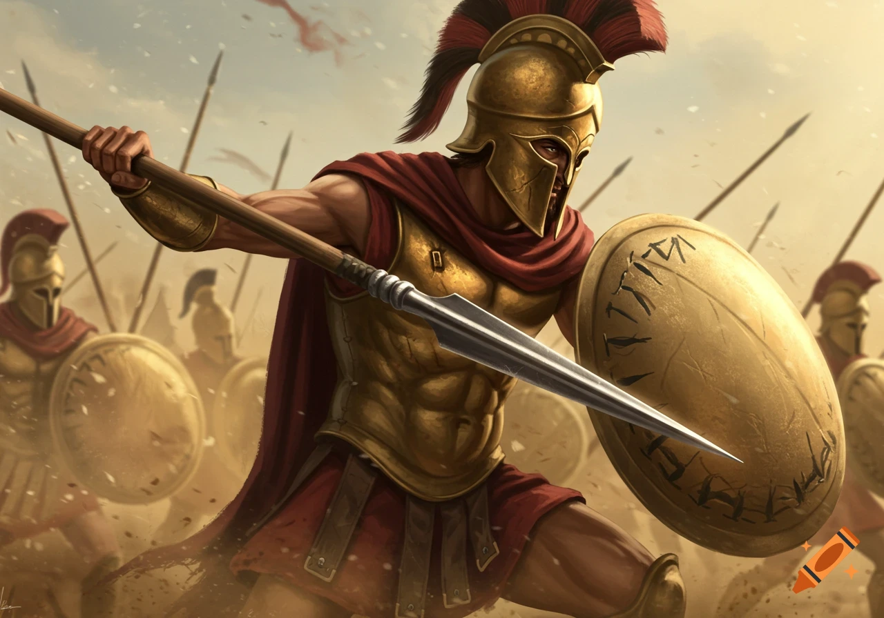 Digital painting of a Spartan hoplite warrior in golden armor, red cape, holding a spear and shield in battle.