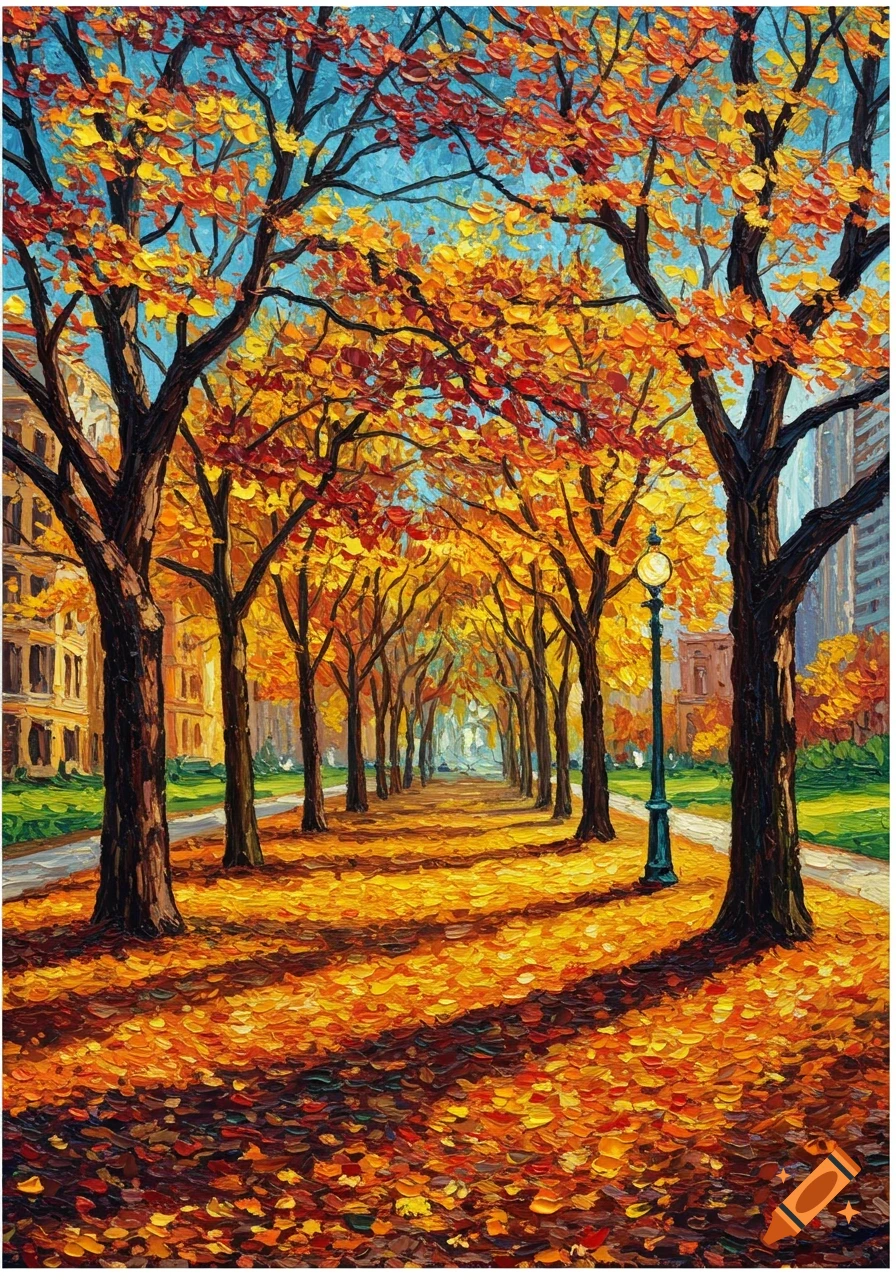 Van Gogh-style painting of an autumn tree-lined path in a city park with fallen leaves.