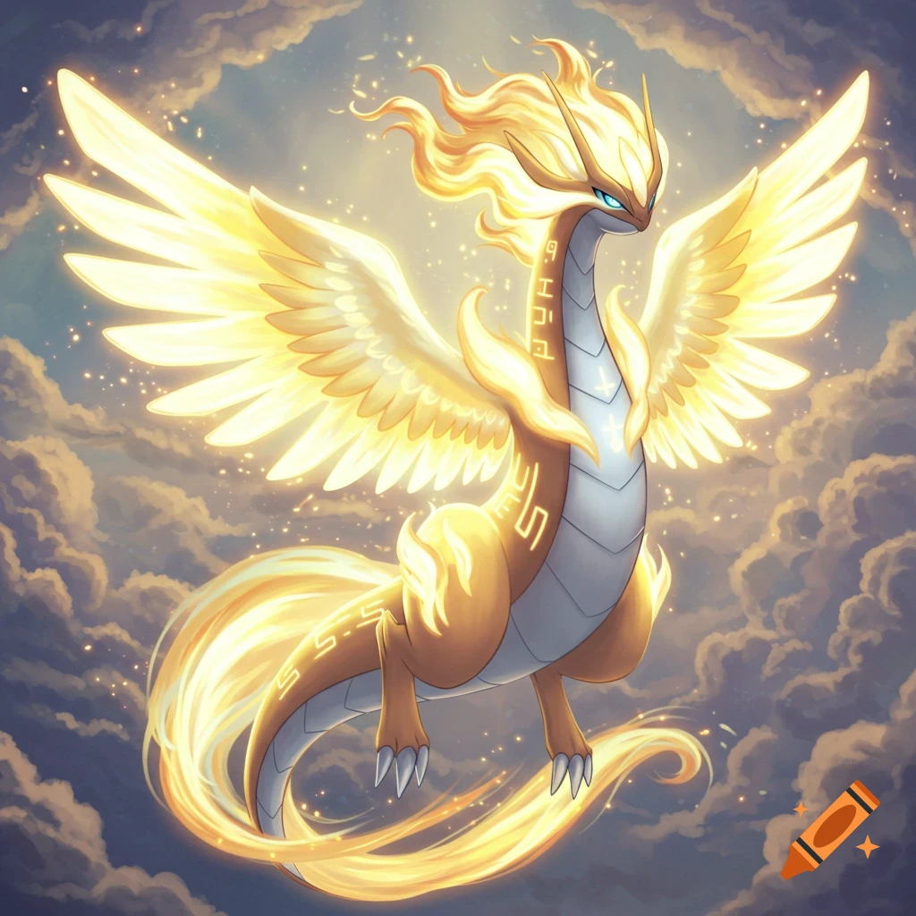 A majestic, glowing golden dragon with large wings and a fiery mane flies through a cloudy, ethereal sky.