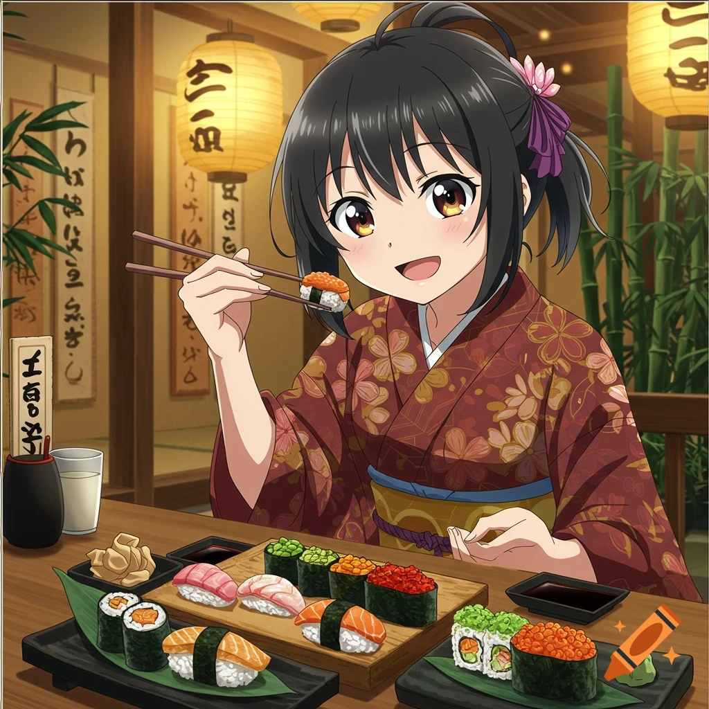 An anime girl with dark hair and a kimono smiles while eating sushi with chopsticks in a Japanese restaurant setting.