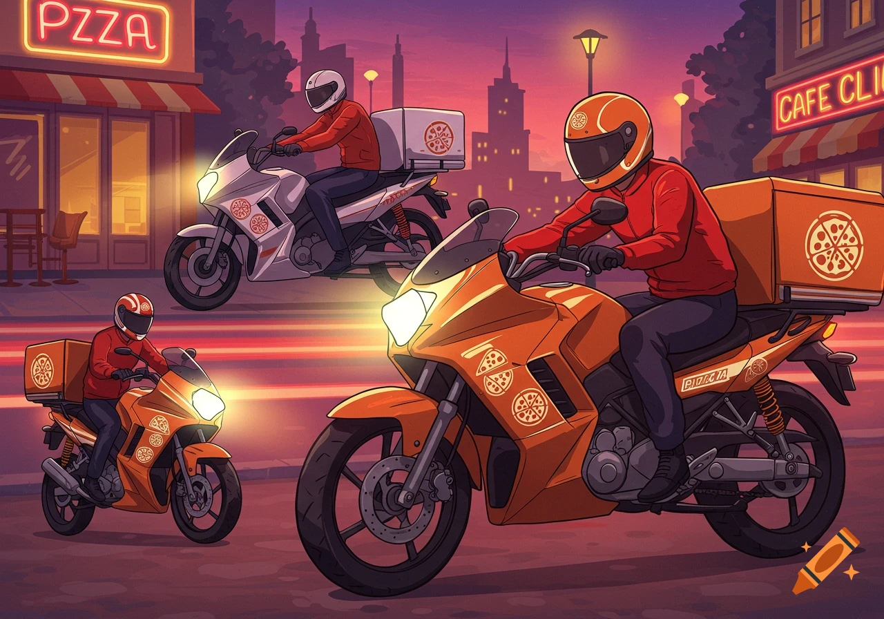 Three cartoon pizza delivery drivers on motorcycles ride down a city street at dusk, with neon signs.