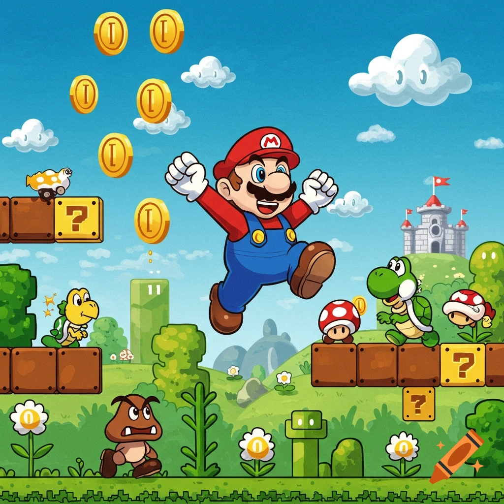 Colorful Super Mario Bros. scene with Mario jumping, a castle, Goomba, Koopa Troopa, Yoshi, coins, and question blocks in a green landscape with clouds.