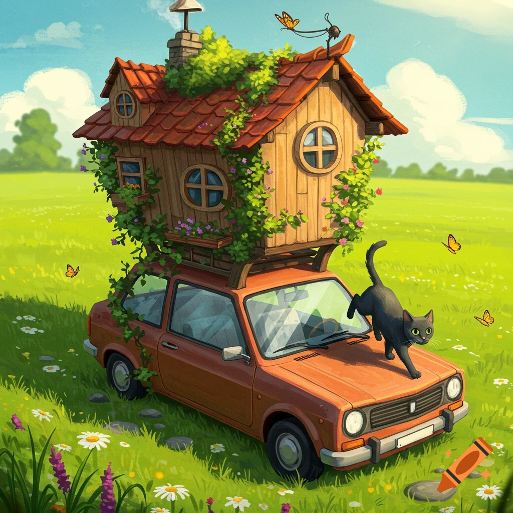 A black cat climbs on a whimsical, vine-covered house on the roof of an orange car, parked in a sunny, flower-filled field.