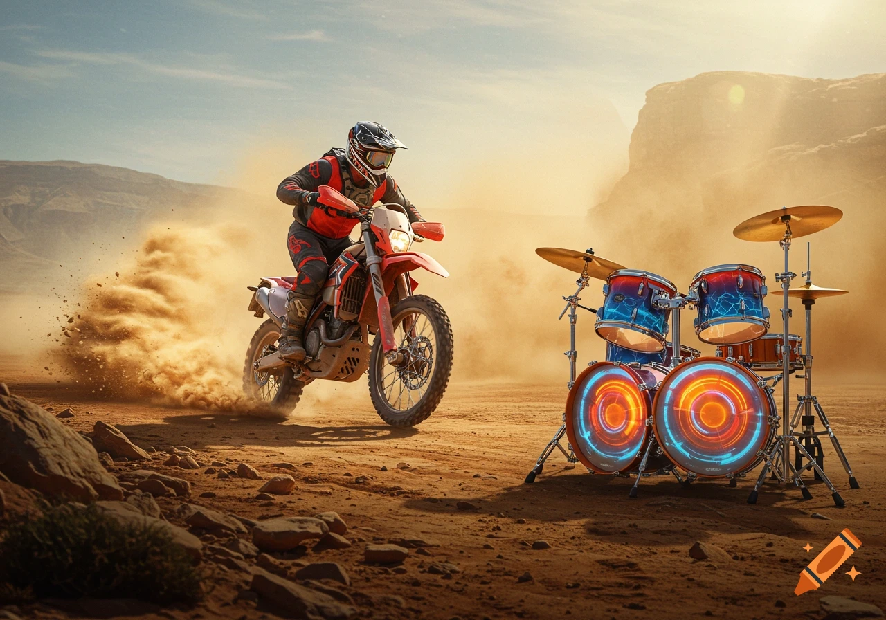 A person rides a red dirt bike, kicking up dust in a desert landscape next to a glowing blue and orange drum set.