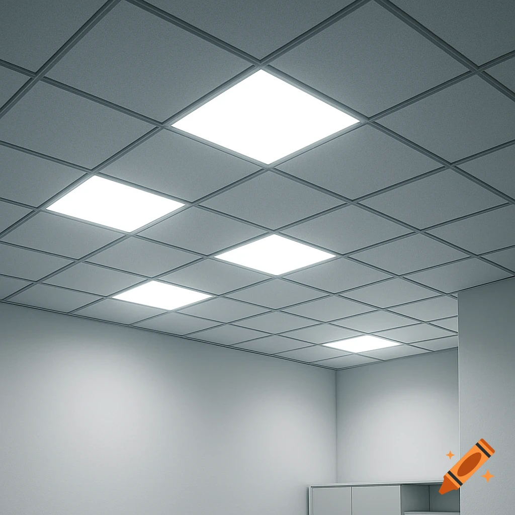 A clean, modern ceiling with a grid system and several bright rectangular LED panel lights illuminating a white room.