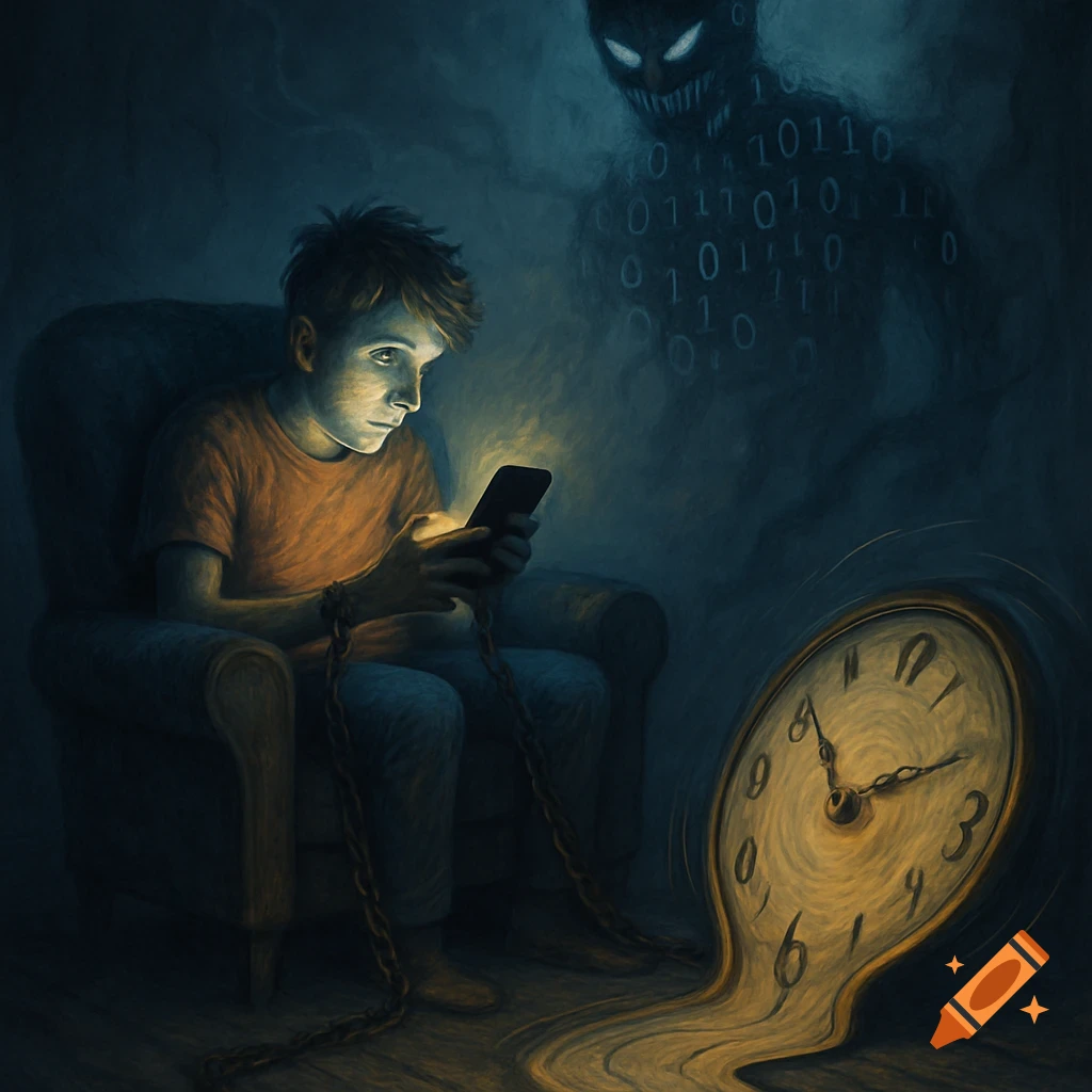 A boy chained to a chair, illuminated by his phone, with a shadowy binary code monster and a melting clock.