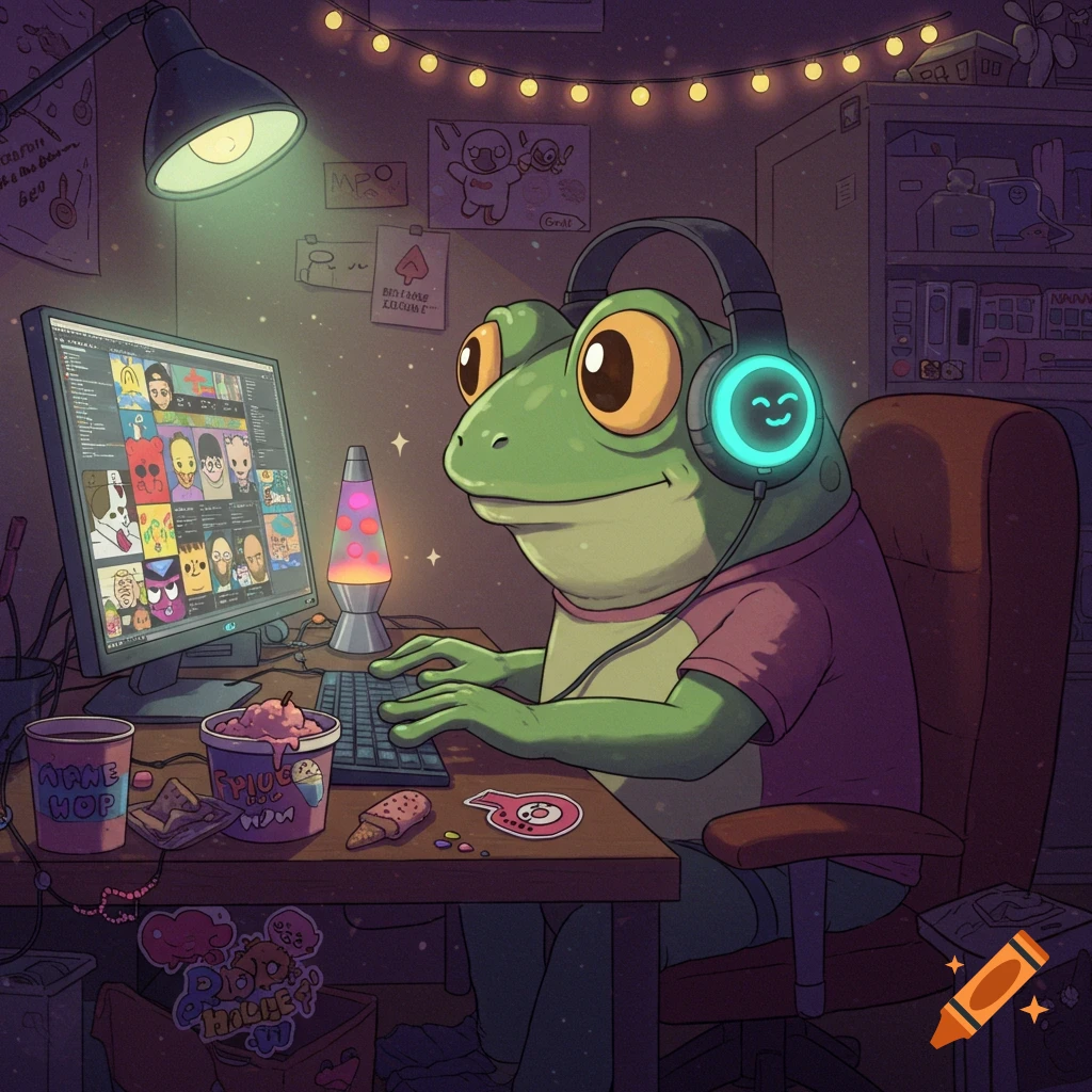 A cartoon frog wearing headphones and a pink shirt sits at a desk, typing on a computer. A lava lamp, ice cream, and snacks are on the desk in a cozy room with string lights.