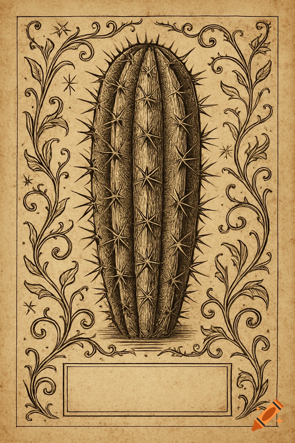 Woodcut engraving of a San Pedro cactus surrounded by organic ornamentation on a parchment background, with a blank text box.