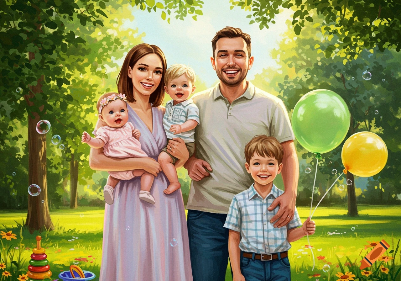 A smiling family of five in a vibrant, sunny park with green trees, balloons, and bubbles, in a painterly style.