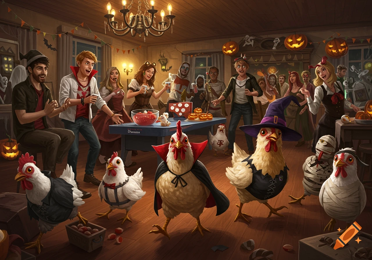 People and chickens in Halloween costumes at a lively party, with pumpkins and a table of snacks.