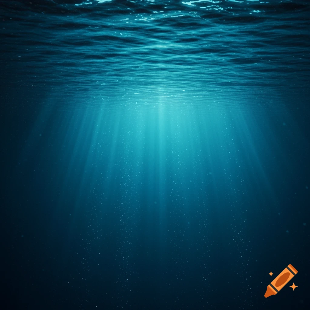 Underwater view with sunlight filtering through deep blue water and soft floating particles.