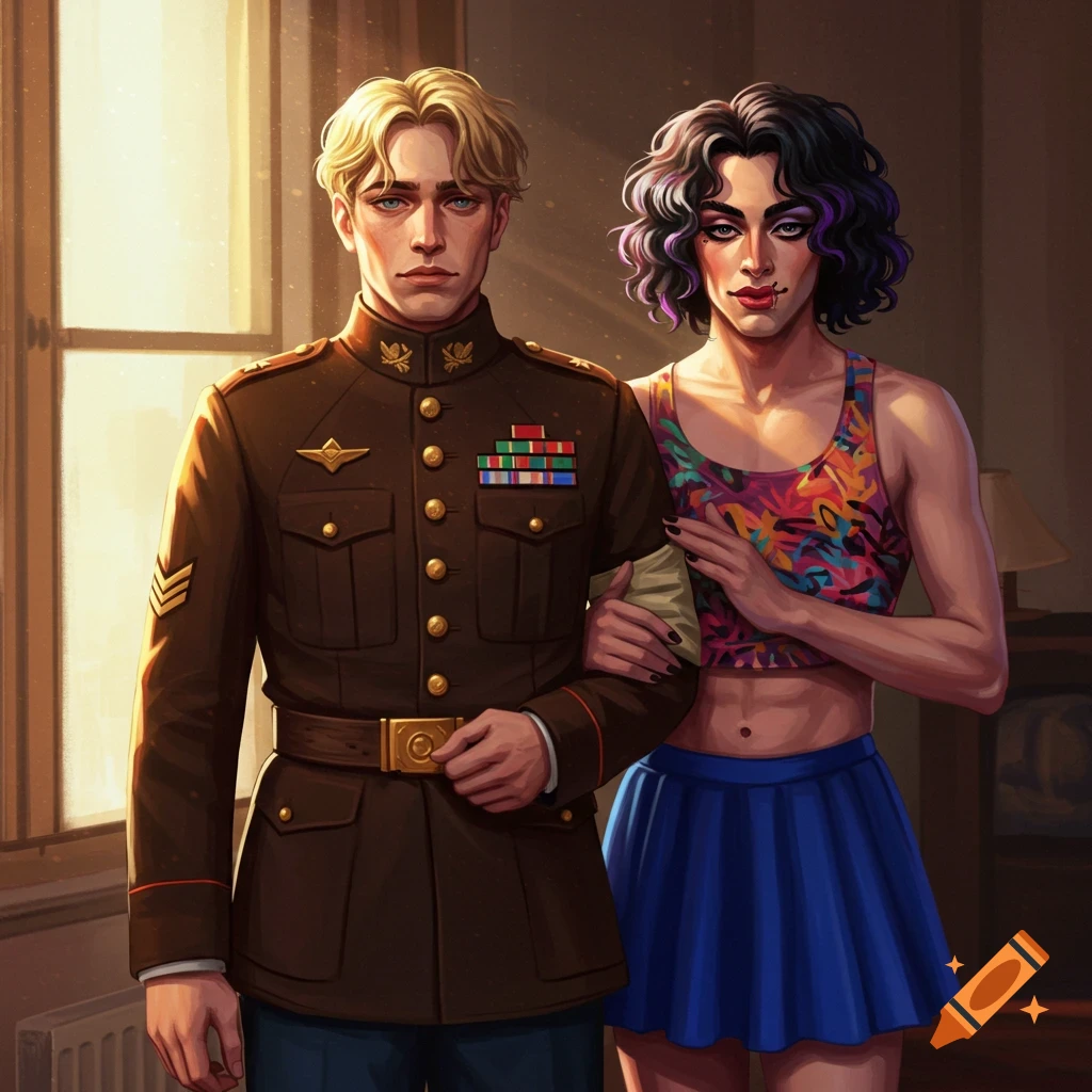 Digital art of a man in military uniform standing arm-in-arm with another man in a crop top and skirt indoors.