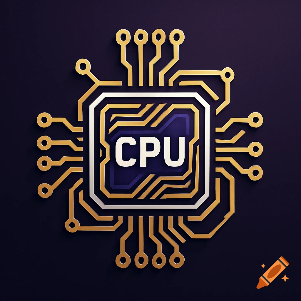 Stylized CPU logo with gold circuitry and a purple center on a dark background.