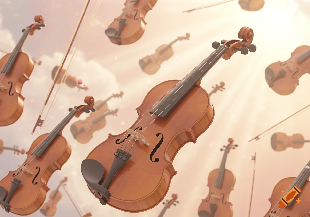 Many violins and bows float in a bright, ethereal sky with soft light and clouds, creating a dreamy musical scene.