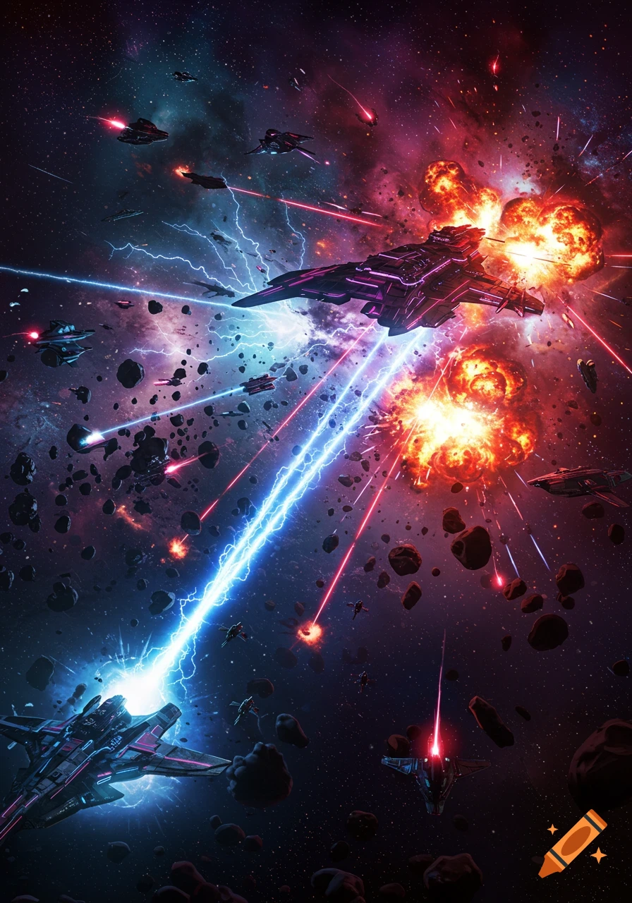 A vibrant and epic space battle featuring numerous futuristic spaceships firing blue lasers and red projectiles amidst fiery explosions and floating asteroids.